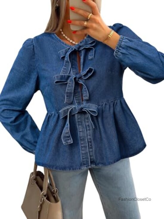 Tops - Women's Denim Babydoll Blouse with Long Puff Sleeves